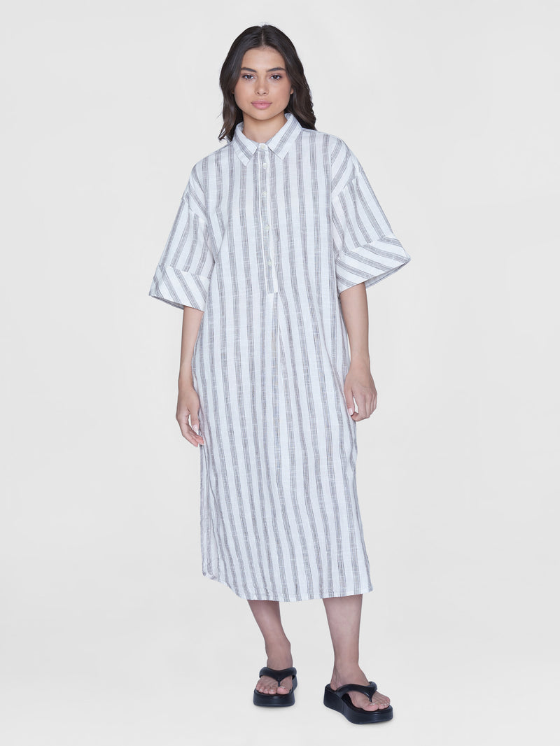 KnowledgeCotton Apparel - WMN Loose multicolored stripe short sleeved shirt dress - GOTS/Vegan Dresses 8026 Brown stripe