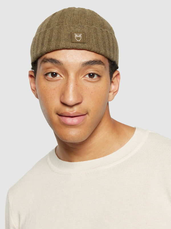 KnowledgeCotton Apparel - UNI Low wool 5x4 rib beanie - RWS Hats 1100 Dark Olive