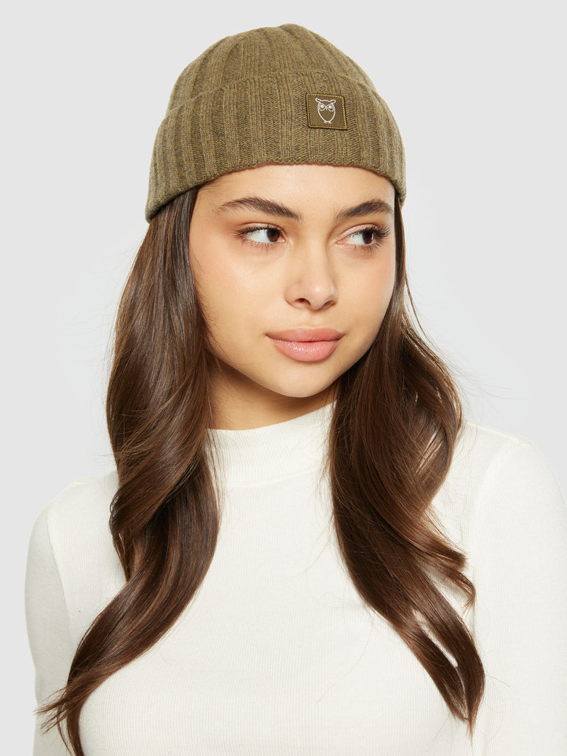 KnowledgeCotton Apparel - UNI Low wool 5x4 rib beanie - RWS Hats 1100 Dark Olive