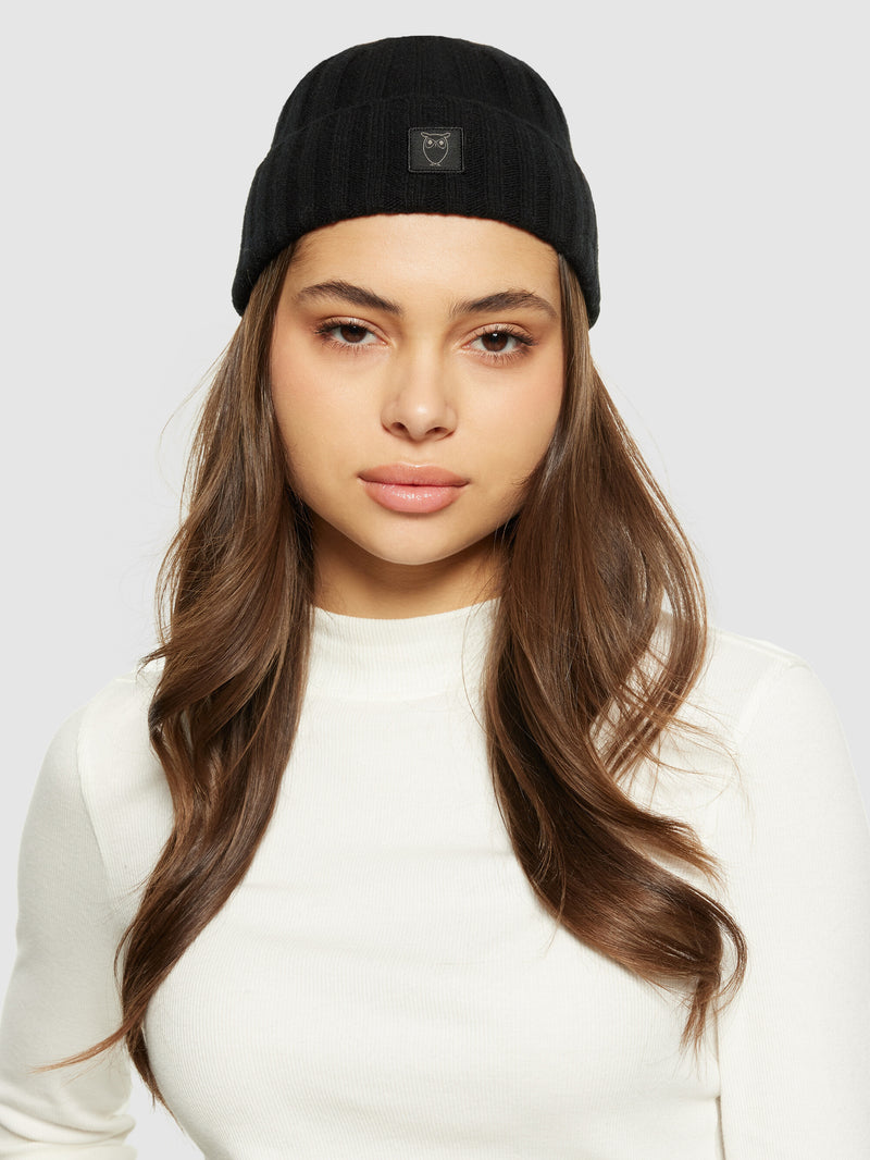 KnowledgeCotton Apparel - UNI Low wool 5x4 rib beanie - RWS Hats 1300 Black Jet