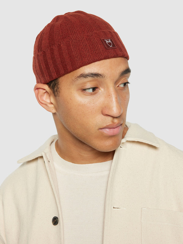 KnowledgeCotton Apparel - UNI Low wool 5x4 rib beanie - RWS Hats 1478 Fired Brick