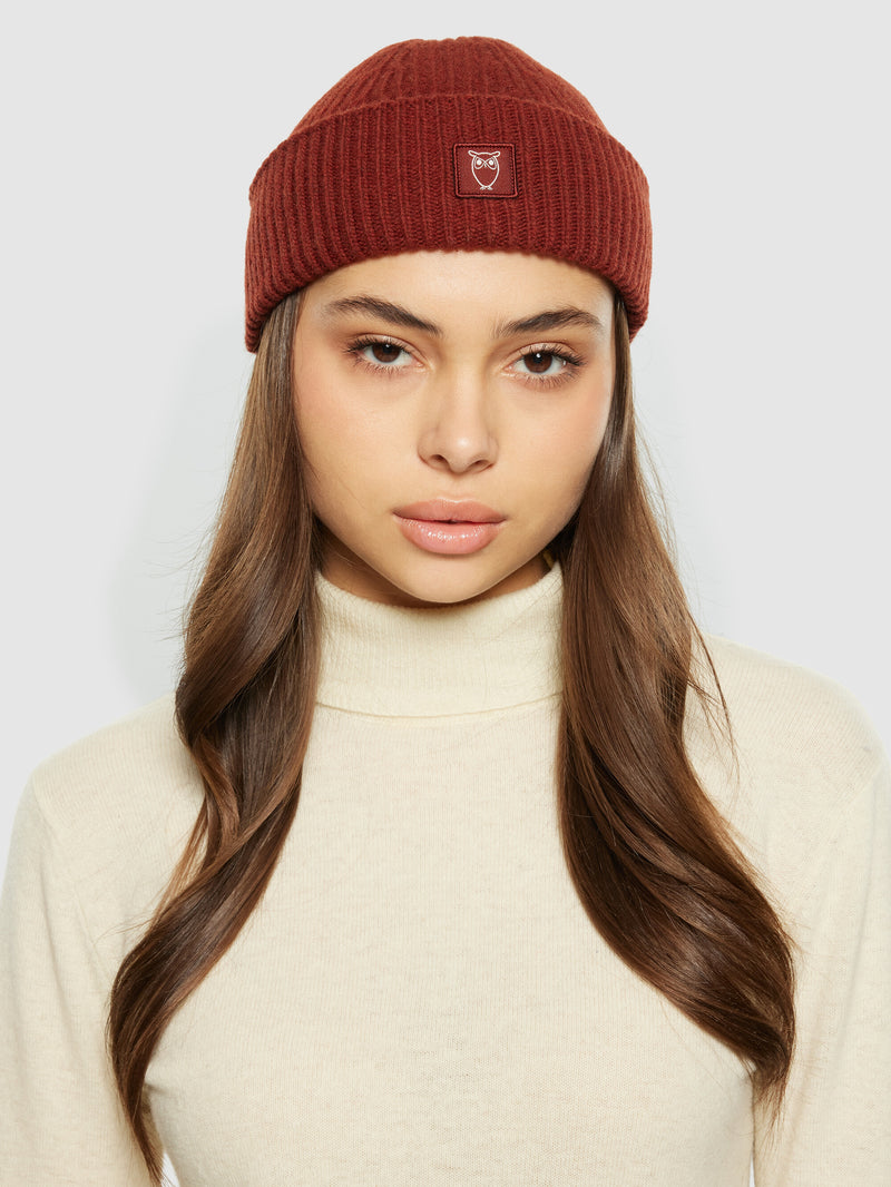 KnowledgeCotton Apparel - UNI Low wool rib beanie Hats 1478 Fired Brick