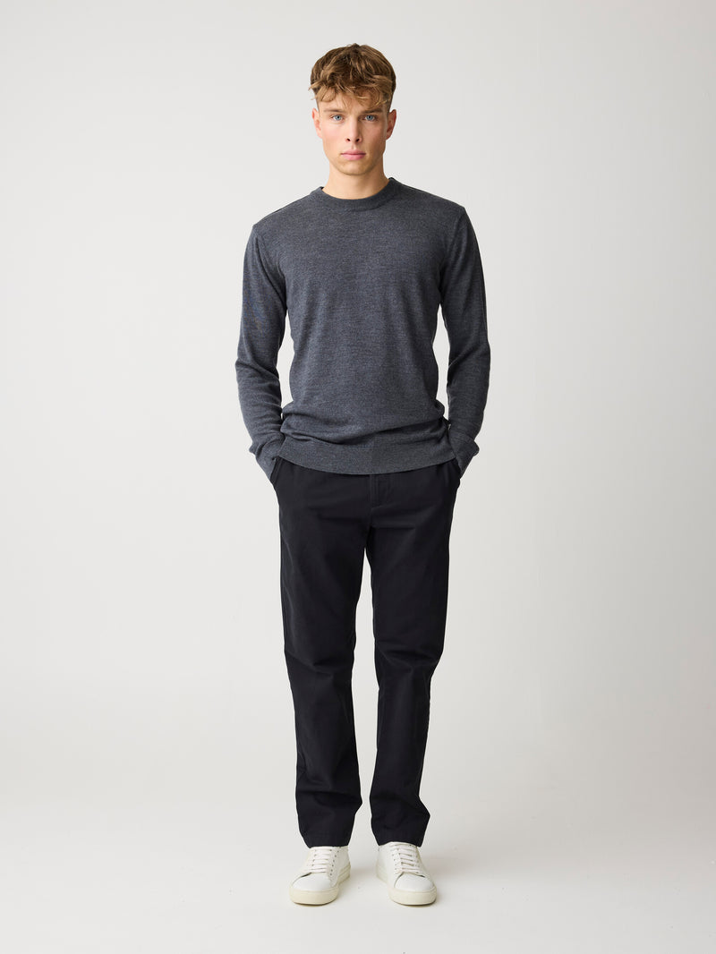 KnowledgeCotton Apparel - MEN Merino crew neck sweater Knits 1073 Dark Grey Melange