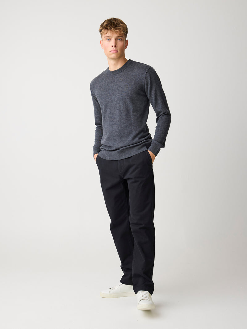 KnowledgeCotton Apparel - MEN Merino crew neck sweater Knits 1073 Dark Grey Melange
