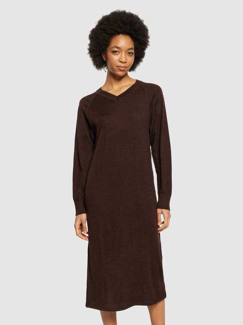 KnowledgeCotton Apparel - WMN Merino mid length v-neck dress - RWS Dresses 1243 Demitasse (brown)