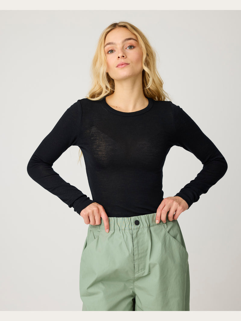 KnowledgeCotton Apparel - WMN Merino rib long sleeve t-shirt Long Sleeves 1300 Black Jet