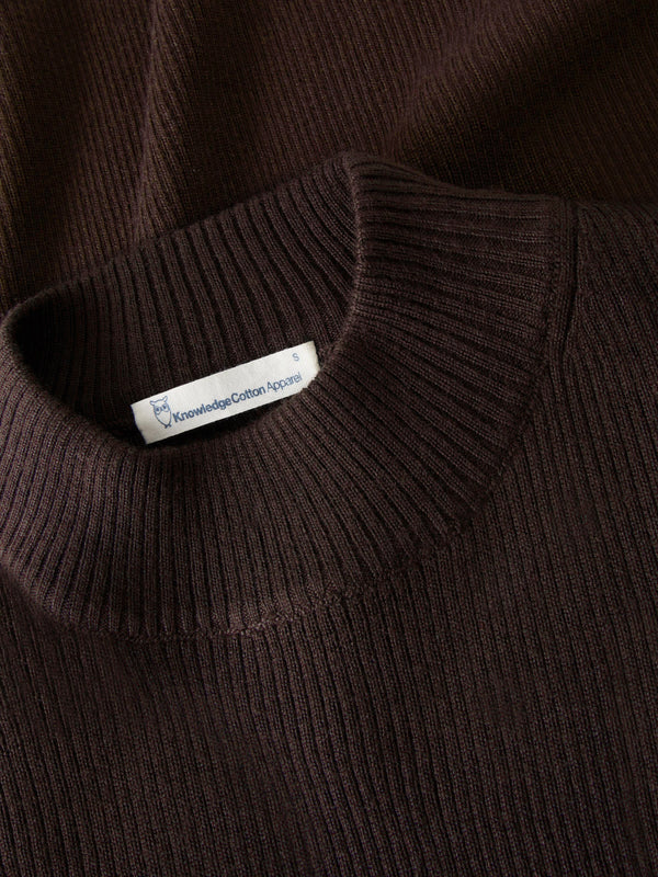 KnowledgeCotton Apparel - WMN Merino rib mock neck long sleeve t-shirt Knits 1487 Chocolate Torte