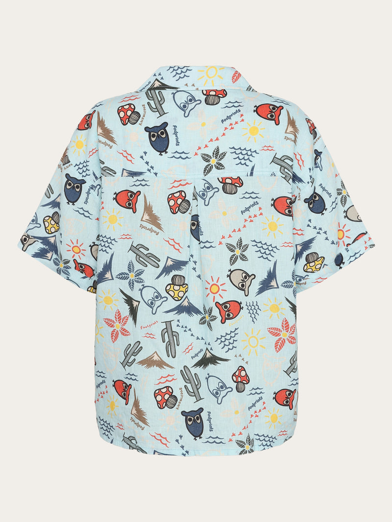 KnowledgeCotton Apparel - WMN Owl cactus AOP short sleeved shirt - GOTS/Vegam Shirts 1480 Aqua-Esque