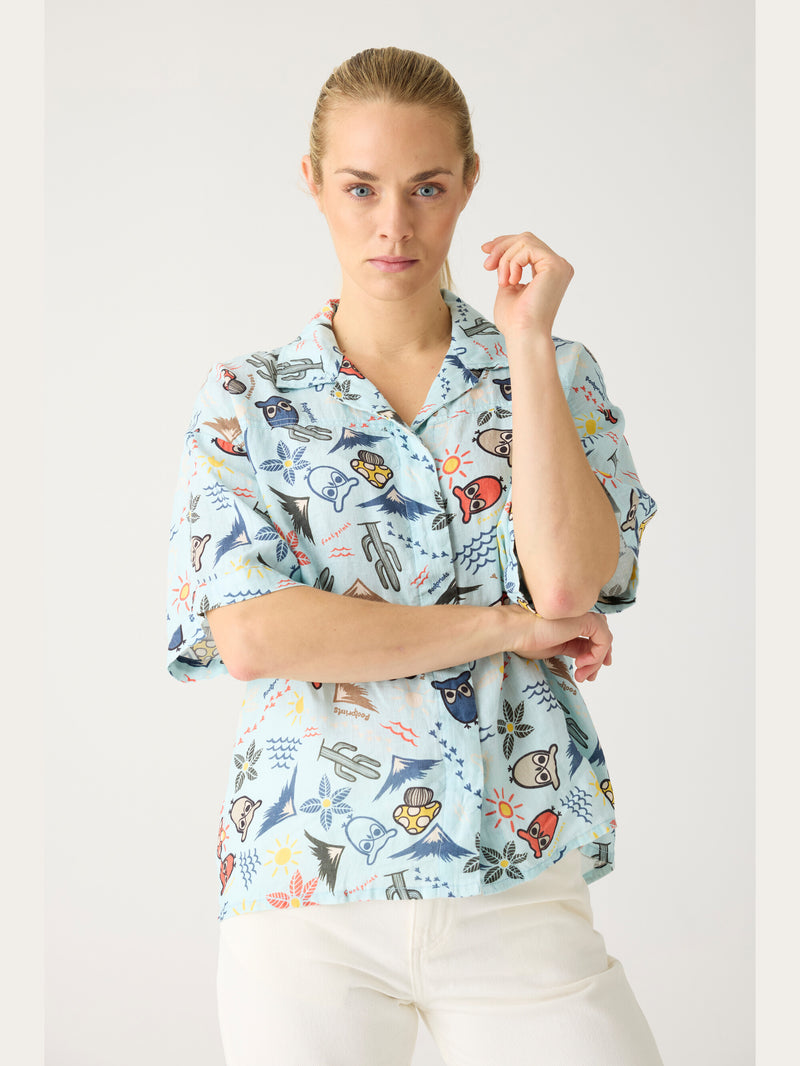 KnowledgeCotton Apparel - WMN Owl cactus AOP short sleeved shirt - GOTS/Vegam Shirts 1480 Aqua-Esque