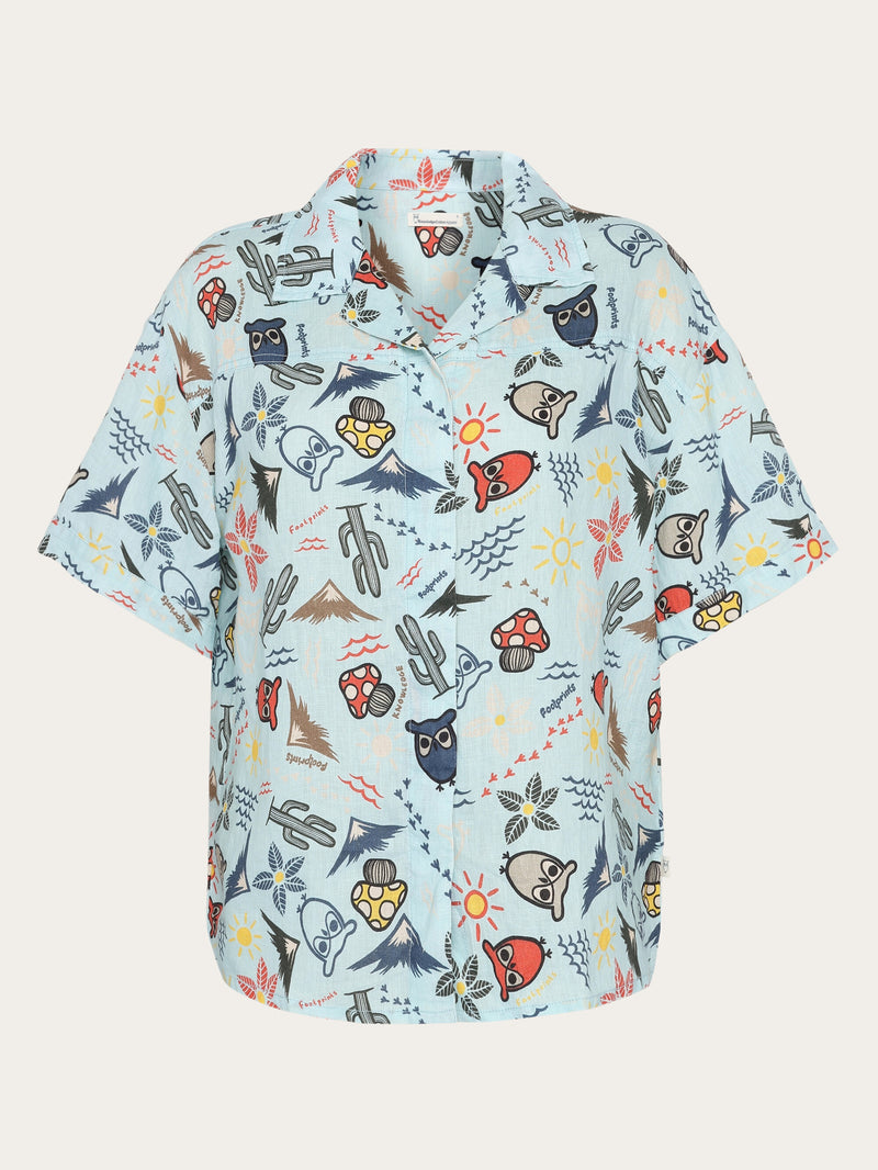 KnowledgeCotton Apparel - WMN Owl cactus AOP short sleeved shirt - GOTS/Vegam Shirts 1480 Aqua-Esque