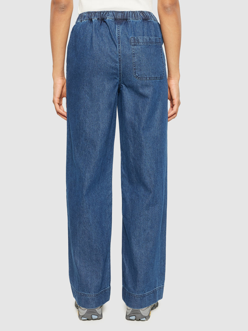 KnowledgeCotton Apparel - WMN POSEY wide mid-rise elastic waistband denim pant - GOTS/Vegan Pants 3059 Dark Blue denim