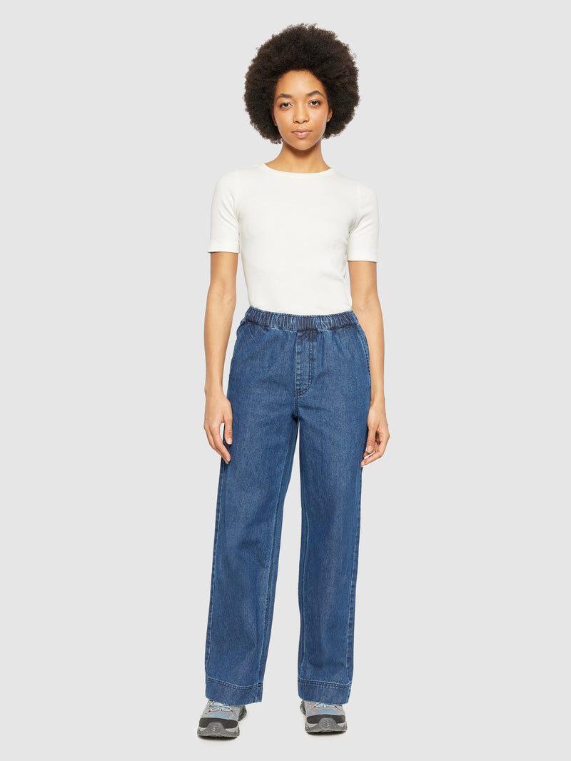 KnowledgeCotton Apparel - WMN POSEY wide mid-rise elastic waistband denim pant - GOTS/Vegan Pants 3059 Dark Blue denim