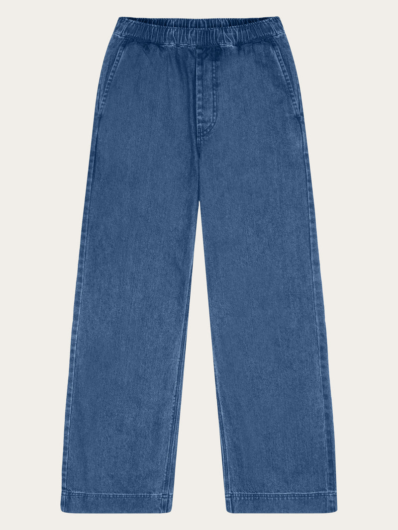 KnowledgeCotton Apparel - WMN POSEY wide mid-rise elastic waistband denim pant - GOTS/Vegan Pants 3059 Dark Blue denim