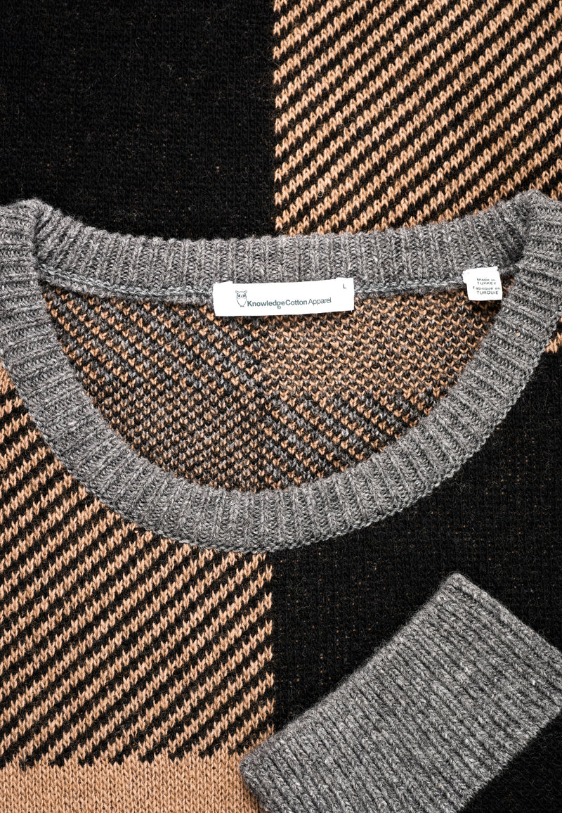 KnowledgeCotton Apparel - MEN Pixel checked crew neck wool knit Knits 1300 Black Jet