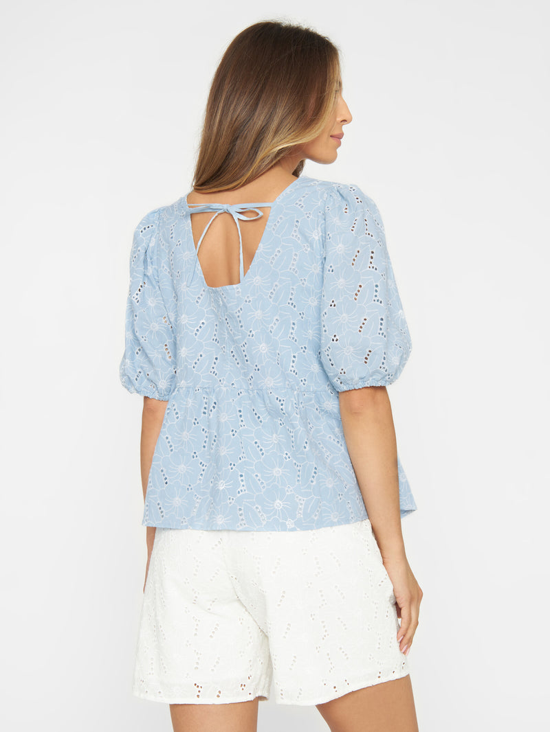 KnowledgeCotton Apparel - WMN Puff sleeve embroidery anglaise top Shirts 1009 Skyway