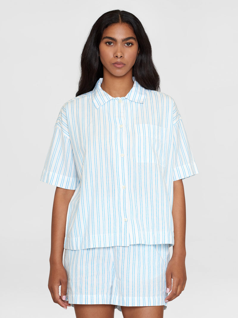 KnowledgeCotton Apparel - WMN Pyjama short sleeved shirt - GOTS/Vegan Shirts 8021 Blue stripe
