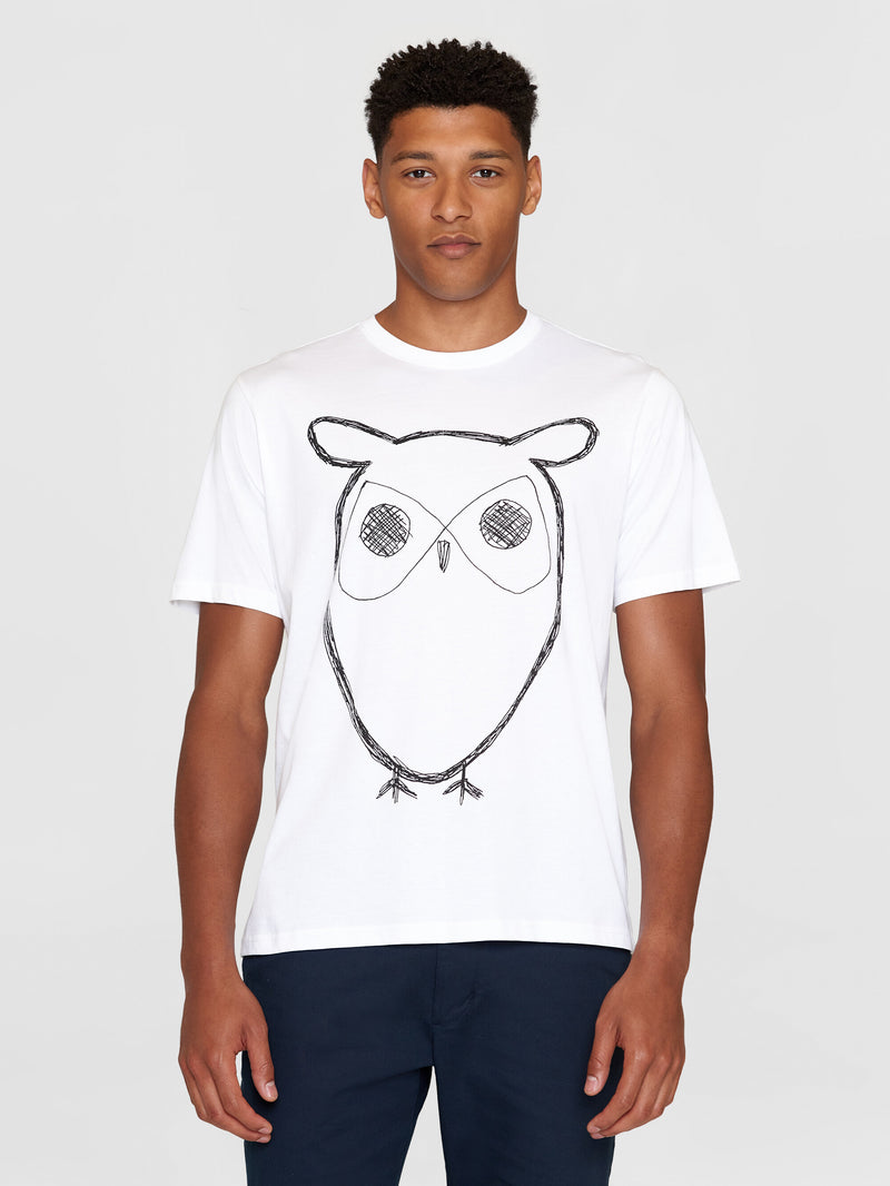KnowledgeCotton Apparel - MEN Regular big owl front print t-shirt - GOTS/Vegan T-shirts 1010 Bright White