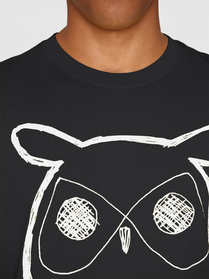 KnowledgeCotton Apparel - MEN Regular big owl front print t-shirt - GOTS/Vegan T-shirts 1300 Black Jet