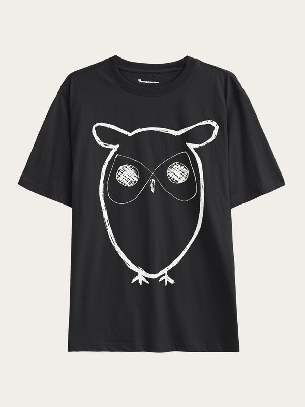 KnowledgeCotton Apparel - MEN Regular big owl front print t-shirt - GOTS T-shirts 1300 Black Jet