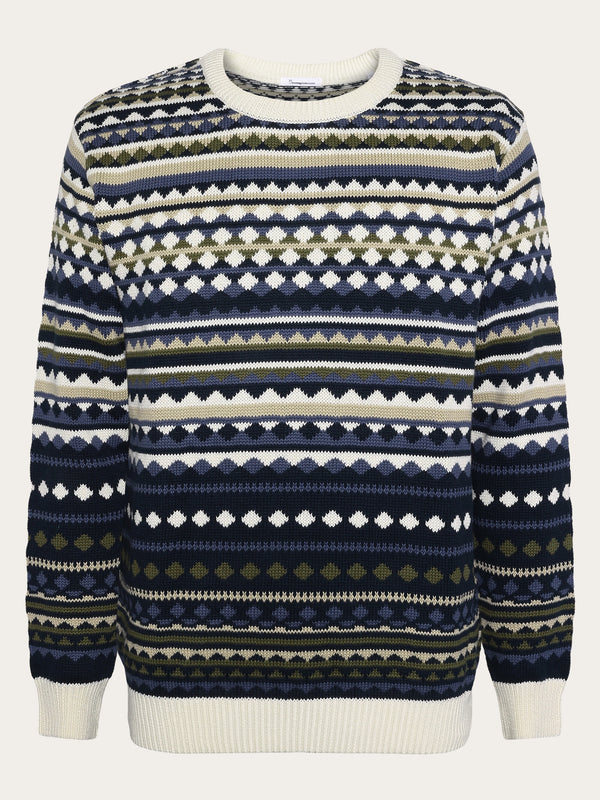 KnowledgeCotton Apparel - MEN Regular jaquard crew neck knit - Regenerative Organic Certified™ - GOTS/Vegan Knits 8021 Blue stripe