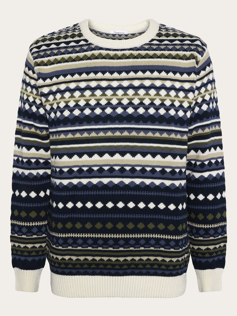 KnowledgeCotton Apparel - MEN Regular jaquard crew neck knit - Regenerative Organic Certified™ - GOTS/Vegan Knits 8021 Blue stripe