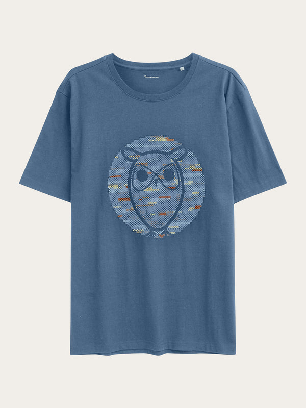 KnowledgeCotton Apparel - MEN Regular short sleeve heavy single owl cross stitch print t-shirt - GOTS/Vegan T-shirts 1432 Moonlight Blue