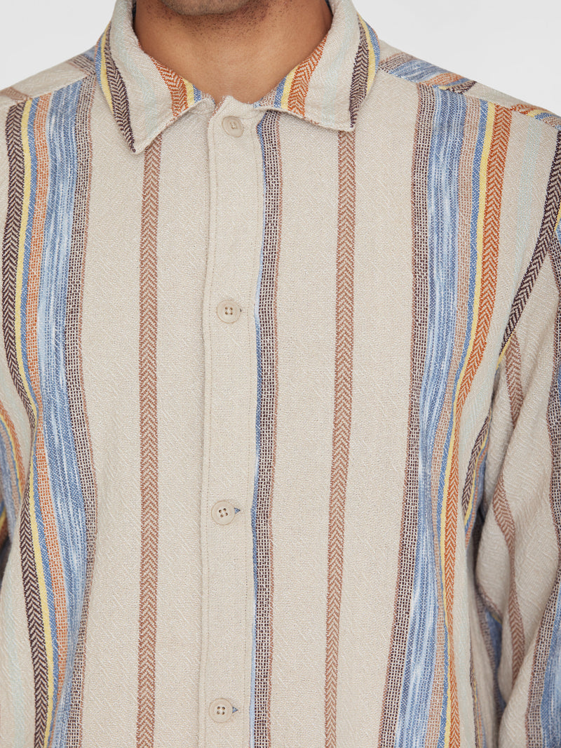 KnowledgeCotton Apparel - MEN Regular woven striped overshirt - GOTS/Vegan Overshirts 8030 Beige stripe