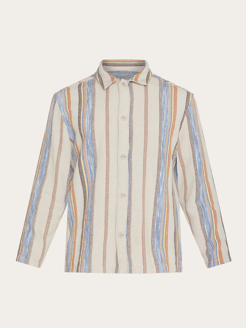 KnowledgeCotton Apparel - MEN Regular woven striped overshirt - GOTS/Vegan Overshirts 8030 Beige stripe