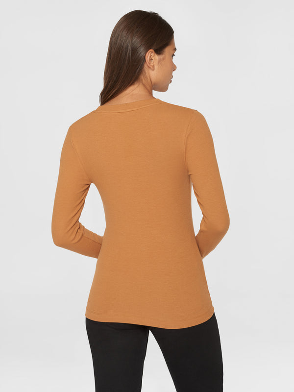 KnowledgeCotton Apparel - WMN Rib Scoop neck long sleeved T-shirts 1366 Brown Sugar