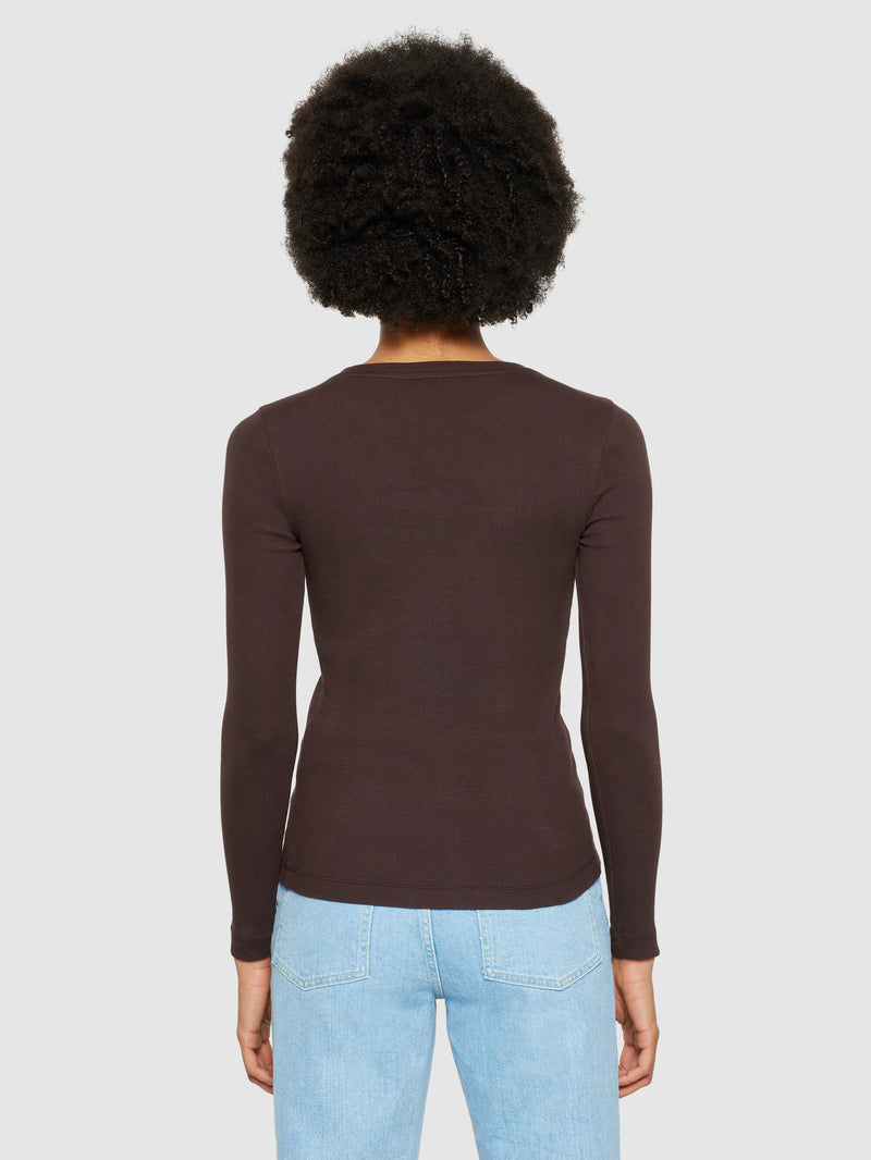 KnowledgeCotton Apparel - WMN Rib Scoop neck long sleeved T-shirts 1394 Chocolate Plum