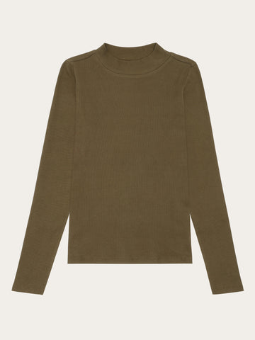 KnowledgeCotton Apparel - WMN Rib high neck LS Long Sleeves 1100 Dark Olive