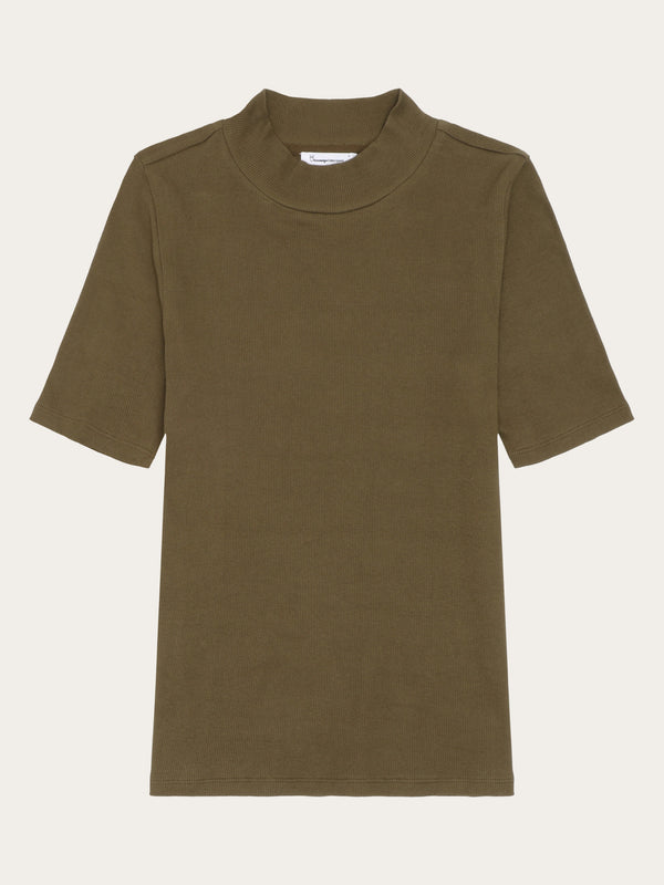 KnowledgeCotton Apparel - WMN Rib high neck SS T-shirts 1100 Dark Olive