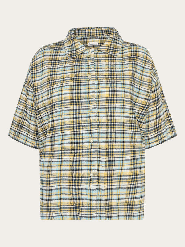 KnowledgeCotton Apparel - WMN Seersucker check short sleeved shirt - GOTS/Vegan Shirts 7024 Yellow check