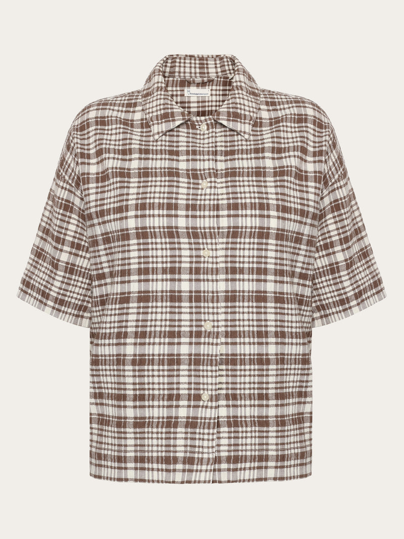 KnowledgeCotton Apparel - WMN Seersucker check short sleeved shirt - GOTS/Vegan Shirts 7030 Beige check