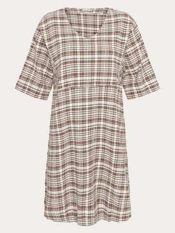 KnowledgeCotton Apparel - WMN Seersucker check tunica dress - GOTS/Vegan Dresses 7030 Beige check