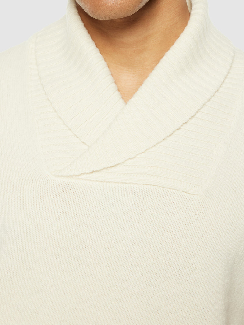 KnowledgeCotton Apparel - MEN Shawl neck wool knit - RWS Knits 1387 Egret