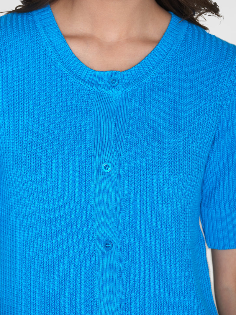 KnowledgeCotton Apparel - WMN Short sleeve knitted cardigan - OCS/Vegan Knits 1445 Malibu Blue