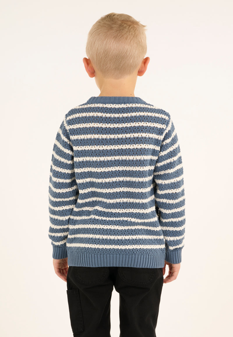 KnowledgeCotton Apparel - YOUNG Striped eyelet crew neck knit Knits 1361 China Blue