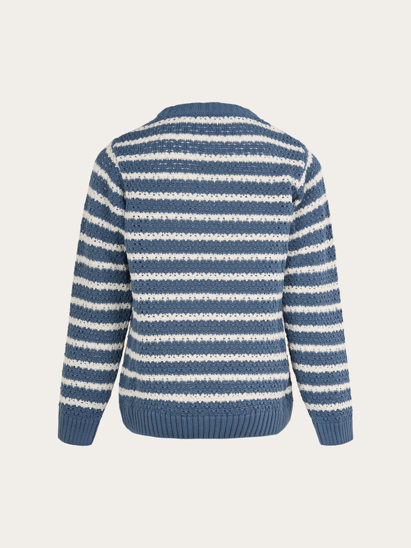 KnowledgeCotton Apparel - YOUNG Striped eyelet crew neck knit Knits 1361 China Blue
