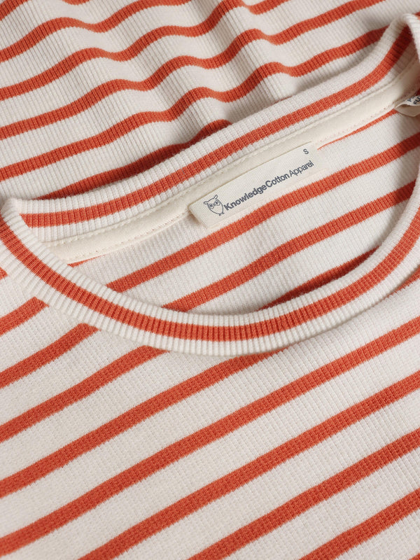 KnowledgeCotton Apparel - WMN Striped rib t-shirt T-shirts 8025 Red Stripe