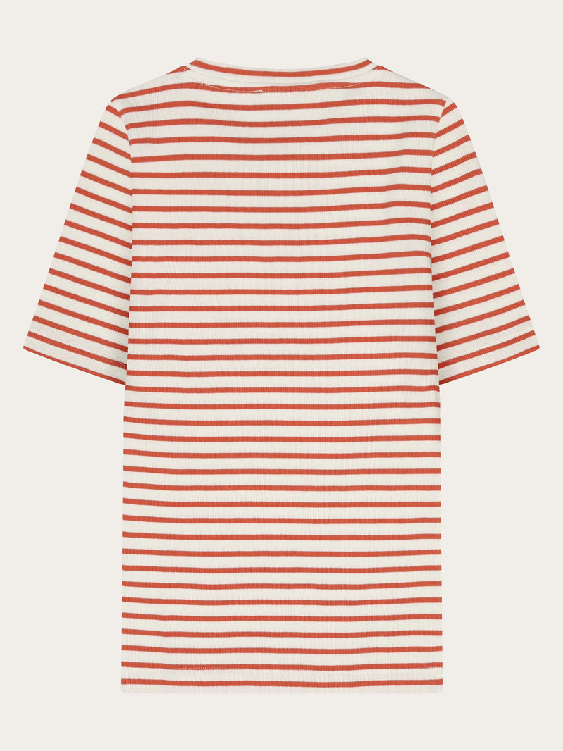 KnowledgeCotton Apparel - WMN Striped rib t-shirt T-shirts 8025 Red Stripe