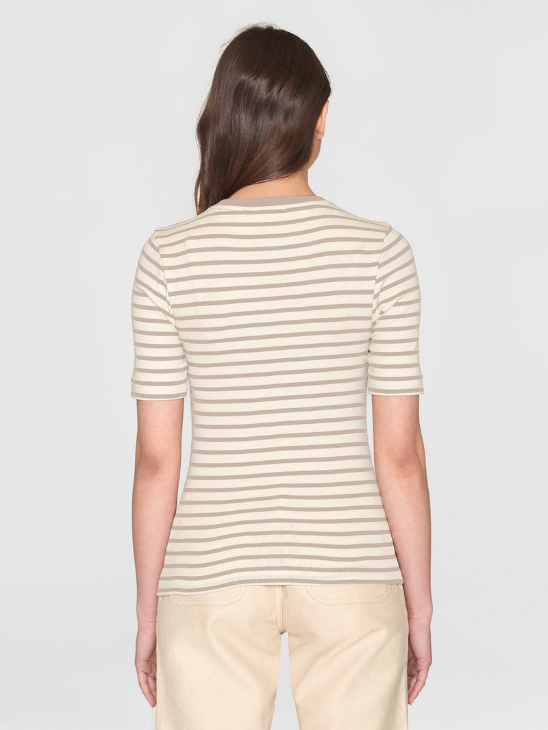 KnowledgeCotton Apparel - WMN Striped rib t-shirt T-shirts 8030 Beige stripe