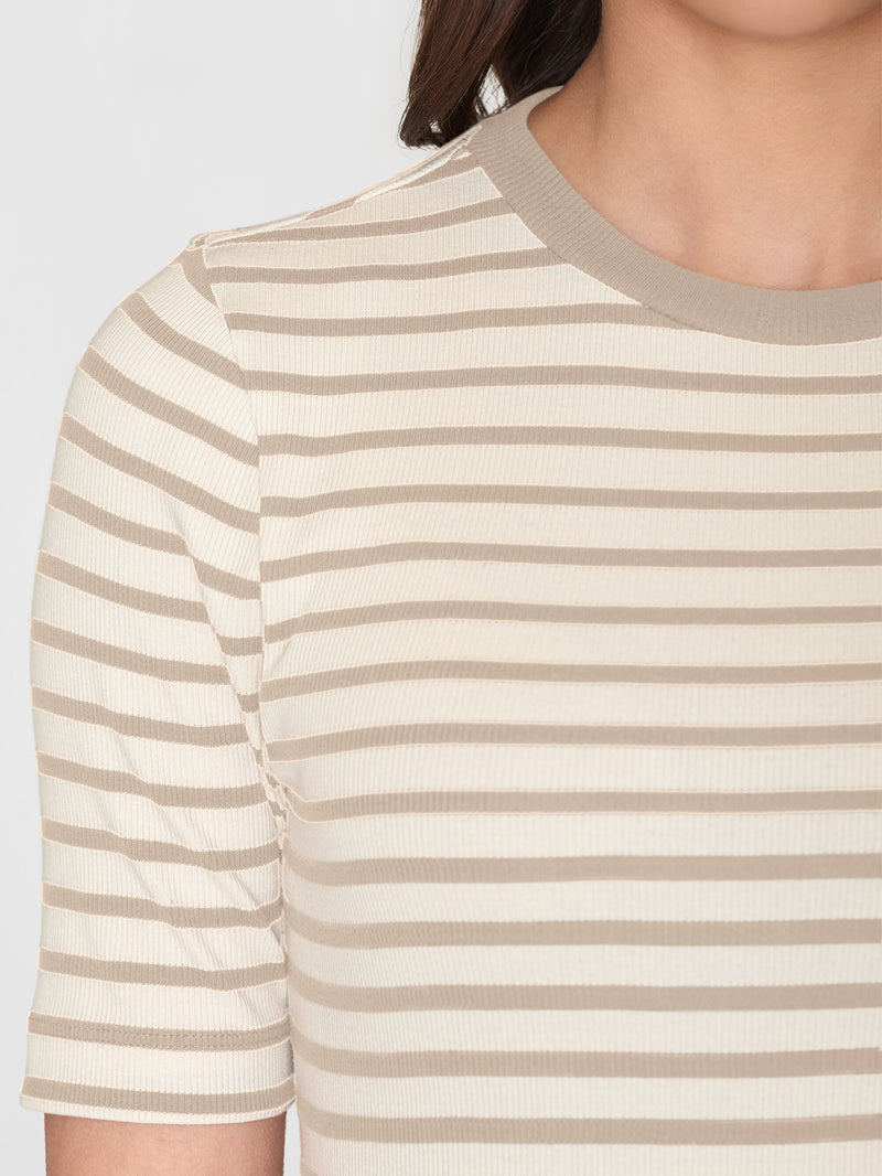 KnowledgeCotton Apparel - WMN Striped rib t-shirt T-shirts 8030 Beige stripe