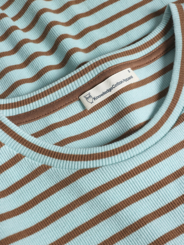 KnowledgeCotton Apparel - WMN Striped rib t-shirt T-shirts 8034 Light Blue Stripe