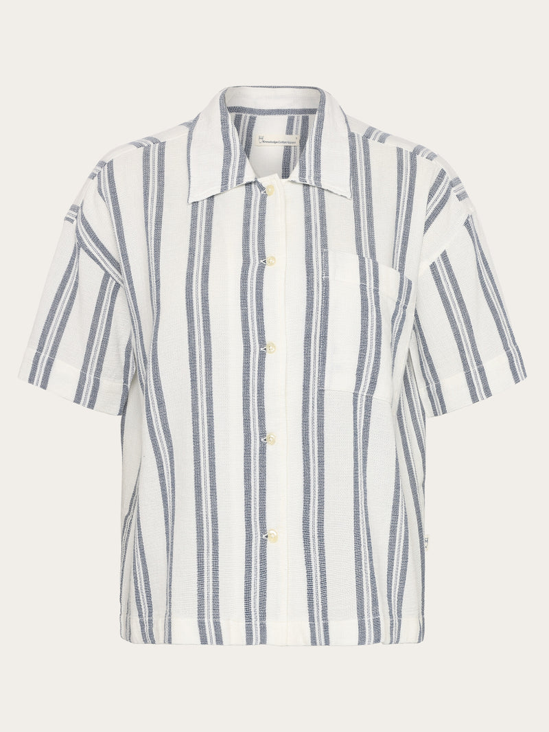 KnowledgeCotton Apparel - WMN Striped short sleeved shirt - GOTS/Vegan Shirts 8021 Blue stripe