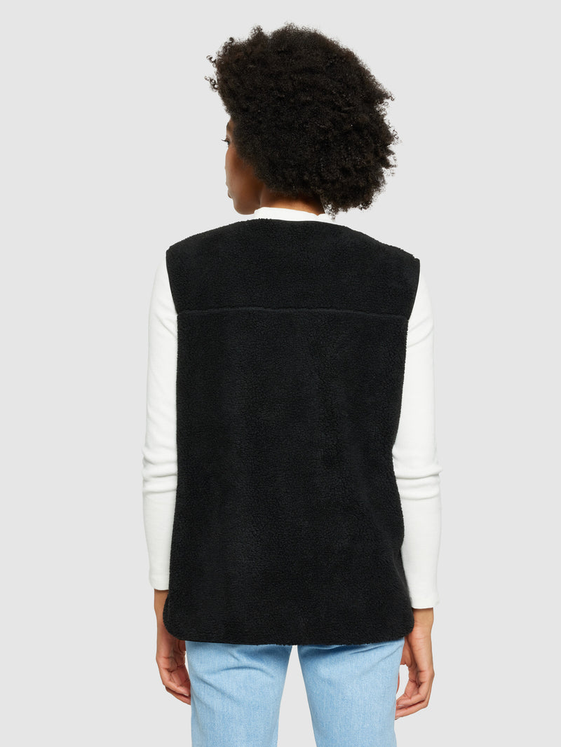 KnowledgeCotton Apparel - WMN Teddy crew neck vest - GRS/Vegan Fleeces 1300 Black Jet