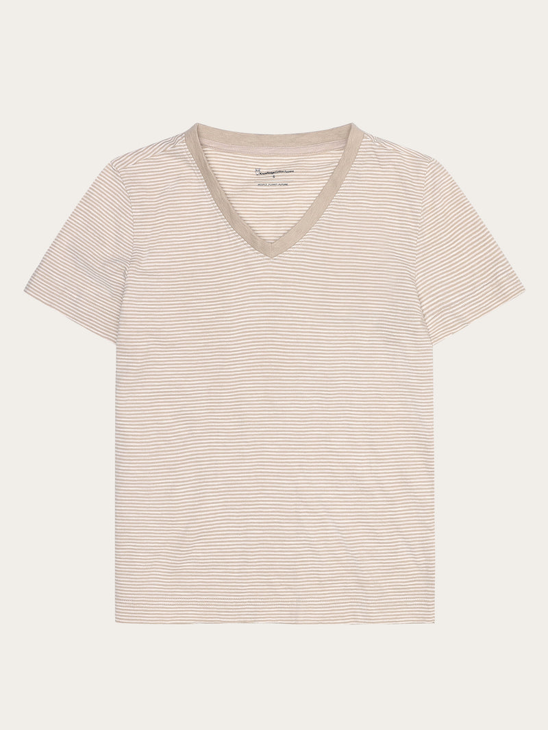 KnowledgeCotton Apparel - WMN V-neck slub t-shirt - GOTS/Vegan T-shirts 8033 Creme Stripe