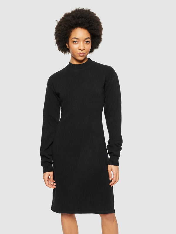 KnowledgeCotton Apparel - WMN Wool crew neck mid length dress Dresses 1300 Black Jet