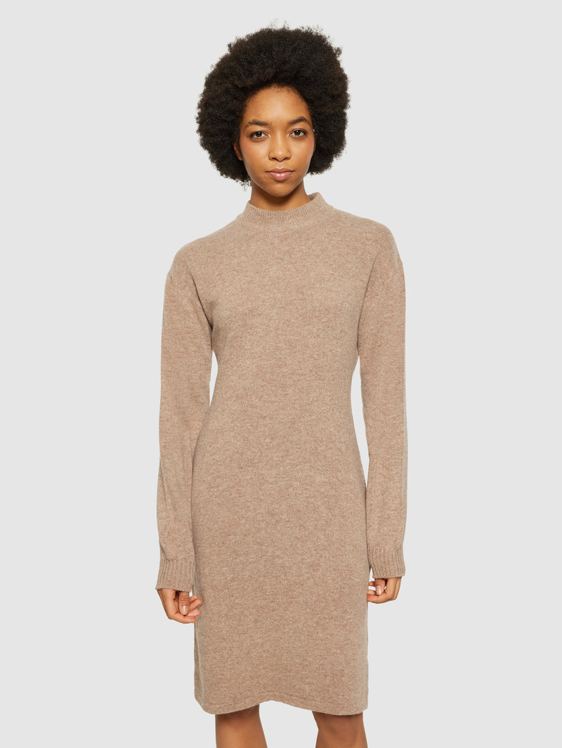 KnowledgeCotton Apparel - WMN Wool crew neck mid length dress Dresses 1336 Kelp melange