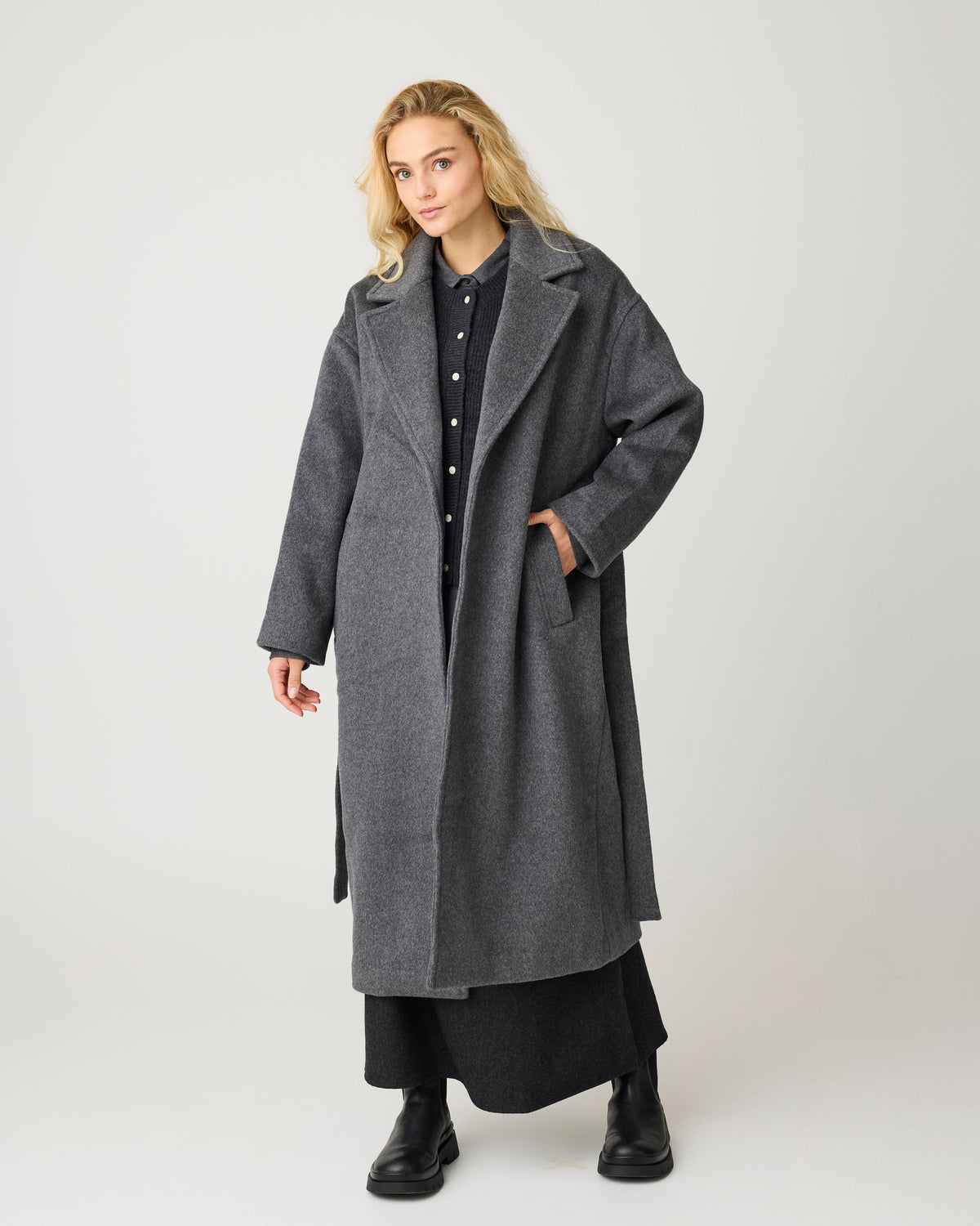 KnowledgeCotton Apparel - WMN Wool lapel coat Jackets 1073 Dark Grey Melange